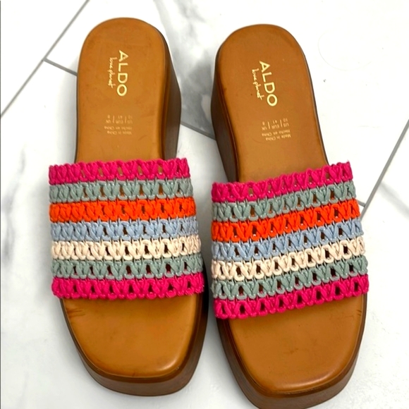 Aldo Pink and Orange Woven Platform Mules - Picture 2 of 11